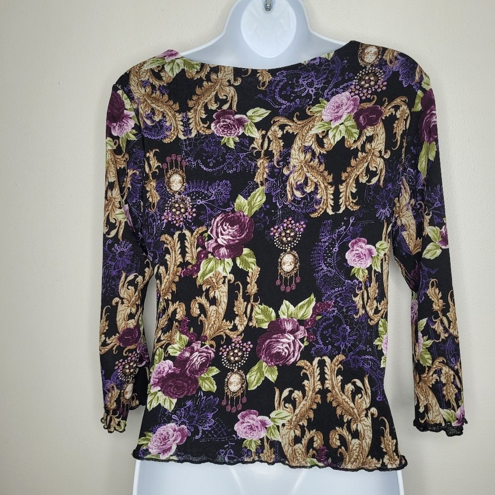 Vintage y2k dark romantic witchy floral 3/4 sleeve grunge top size small - Picture 2 of 7